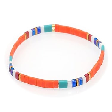 Sonateomber Tila Flat Beads Stretch Strand Bracelet for Women Friendship Handmade Orange Square Beaded Friendship Beach Link Bracelets Stackable Summer Jewelry Friend Gift