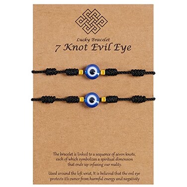 VIBILIA 2 Pcs Evil Eye Bracelets 7 Knot Lucky Bracelet Adjustable String Amulet for Women Men Black