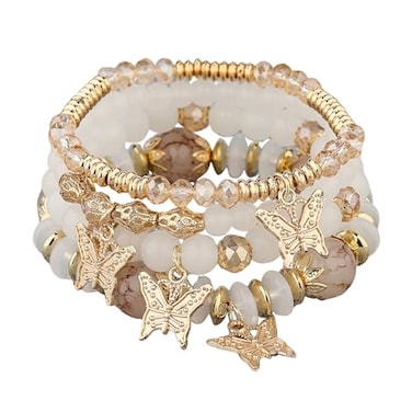 COLORFUL BLING Bohemian Bracelets for Women Gold Beaded Stackable Stretch Bracelet Set Butterfly Elastic Multilayer Colorful Charm Bracelets Summer Beach JewelryLight Beige