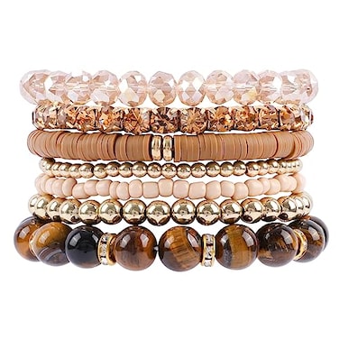 IDEAJOY Bohemian Brown Beaded Bracelets for Women 7Pcs Stackable Tiger Eye Beads Natural Stone Stretch Bracelets Multilayered Gemstone Clay Heishi Glass Beads Bracelet Set Boho Jewelry Gift for Women