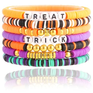 CCINPPY Friendship Bracelets Trendy Heishi Clay Bead Bracelets Stack Gold Beaded Stretch Bracelets for Women Boho Stackable Bracelets Bulk Cute Preppy Jewelry Halloween