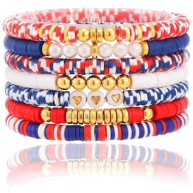 CCINPPY Friendship Bracelets Trendy Heishi Clay Bead Bracelets Stack Gold Beaded Stretch Bracelets for Women Boho Stackable Bracelets Bulk Cute Preppy Jewelry Red White Blue