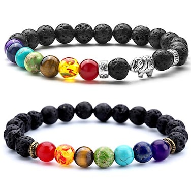 Doitory Men Women 8mm Lava Rock 7 Chakra Beads Chakra Bracelet Braided Rope Natural Stone Yoga Bracelet Bangle