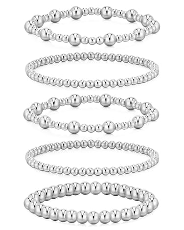 doubgood Silver Bracelets for Women 5 Piece Silver Bracelet Stack Beaded Ball Jewelry Sets Gifts for Women