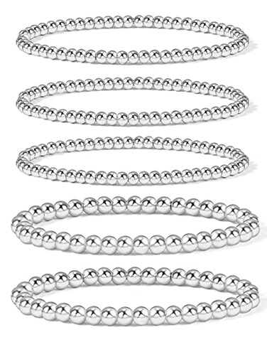 Elegance 11 designs Silver Beaded Stack Bead Ball Bracelet Stretch Elastic Stackable Bracelets for Women