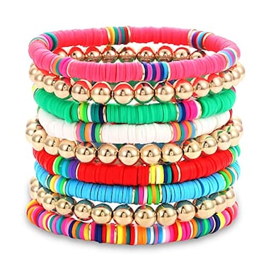 FAERLIIRY Preppy Beaded Bracelets Heishi Stretch Bracelets for Women Polymer Clay Stackable Charm Summer Bracelet Sufer Beach Bracelet Preepy Jewelry9PCS