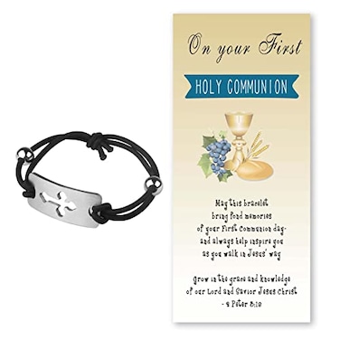 Brital First Communion Gifts Black Stretch Bracelet with Cross First Holy Communication Baptism Gifts