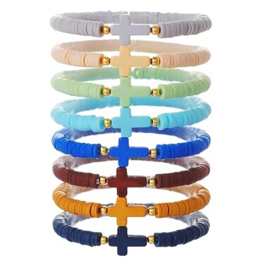 Behrooci Friendship Bracelets Boho Stackable Bracelets for Women Surfer Heishi Clay Bead Stretch Preppy Bracelets Grey Blue Cross