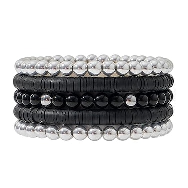 GOOJIDS Black Surfer Heishi Clay Bead Bracelets for Women Bohemian Stackable Silver Plated Beaded Stretch Bracelets Elastic Layering Friendship Bracelets Set Boho Jewelry