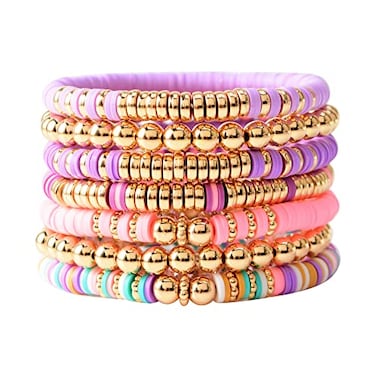 GOOJIDS Surfer Heishi Clay Bead Bracelets for Women Bohemian Stackable Gold Beaded Stretch Bracelets Elastic Layering Friendship Bracelets Set Boho Jewelry G2PurplePink 7pcs