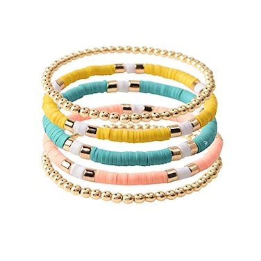 GOOJIDS Surfer Heishi Clay Bead Bracelets for Women Bohemian Stackable Gold Plated Beaded Stretch Bracelets Elastic Layering Friendship Bracelets Set Boho Jewelry