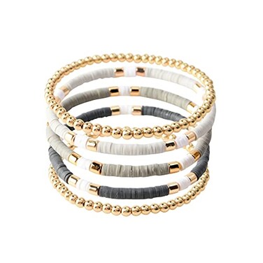 GOOJIDS Surfer Heishi Clay Bead Bracelets for Women Bohemian Stackable Gold Plated Beaded Stretch Bracelets Elastic Layering Friendship Bracelets Set Boho Jewelry