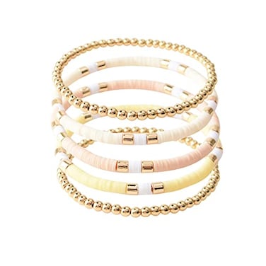 GOOJIDS Surfer Heishi Clay Bead Bracelets for Women Bohemian Stackable Gold Plated Beaded Stretch Bracelets Elastic Layering Friendship Bracelets Set Boho Jewelry