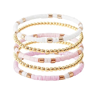 GOOJIDS Surfer Heishi Clay Bead Bracelets for Women Bohemian Stackable Gold Plated Beaded Stretch Bracelets Elastic Layering Friendship Bracelets Set Boho Jewelry