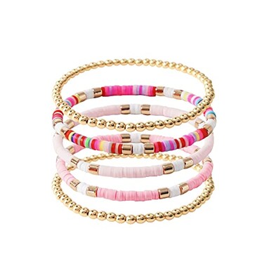 GOOJIDS Surfer Heishi Clay Bead Bracelets for Women Bohemian Stackable Gold Plated Beaded Stretch Bracelets Elastic Layering Friendship Bracelets Set Boho Jewelry