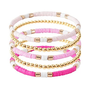 GOOJIDS Surfer Heishi Clay Bead Bracelets for Women Bohemian Stackable Gold Plated Beaded Stretch Bracelets Elastic Layering Friendship Bracelets Set Boho Jewelry