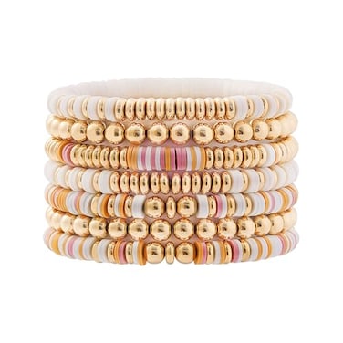 GOOJIDS Surfer Heishi Clay Bead Bracelets for Women Bohemian Stackable Gold Plated Beaded Stretch Bracelets Elastic Layering Friendship Bracelets Set Boho Jewelry
