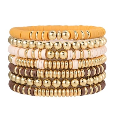 GOOJIDS Surfer Heishi Clay Bead Bracelets for Women Bohemian Stackable Gold Plated Beaded Stretch Bracelets Elastic Layering Friendship Bracelets Set Boho Jewelry