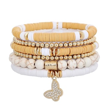GOOJIDS Surfer Heishi Clay Bead Bracelets for Women Bohemian Stackable Gold Plated Beaded Stretch Bracelets Elastic Layering Friendship Bracelets Set Boho Jewelry