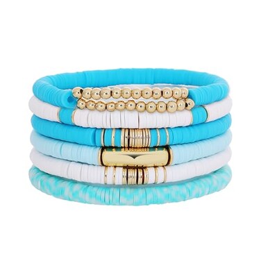 GOOJIDS Surfer Heishi Clay Bead Bracelets for Women Bohemian Stackable Gold Plated Beaded Stretch Bracelets Elastic Layering Friendship Bracelets Set Boho Jewelry