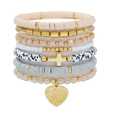 GOOJIDS Surfer Heishi Clay Bead Bracelets for Women Bohemian Stackable Gold Plated Beaded Stretch Bracelets Elastic Layering Friendship Bracelets Set Boho Jewelry
