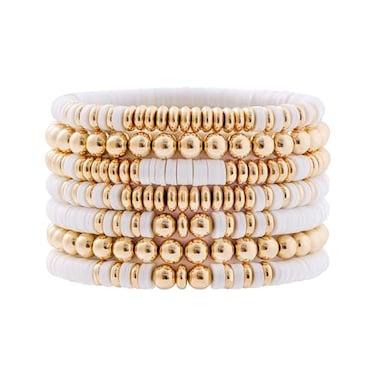 GOOJIDS Surfer Heishi Clay Bead Bracelets for Women Bohemian Stackable Gold Plated Beaded Stretch Bracelets Elastic Layering Friendship Bracelets Set Boho Jewelry
