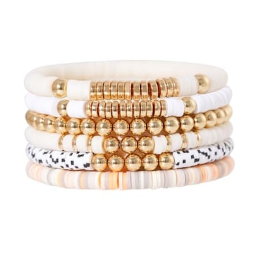 GOOJIDS Surfer Heishi Clay Bead Bracelets for Women Bohemian Stackable Gold Plated Beaded Stretch Bracelets Elastic Layering Friendship Bracelets Set Boho Jewelry TMixWhite Set