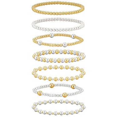 Gvhntk 7Pcs Gold Bracelets for Women Gold Plated Beaded Bracelet Elastic Stretch Bead Ball Stack Set Stretchable Adjustable Gold Jewelry Gifts Modern