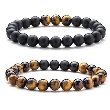 Hamoery Men Women 8mm Couple Beads Bracelet Elastic Natural Stone Yoga Bracelet Bangle Set1