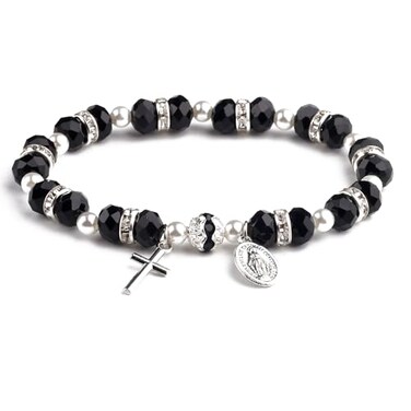 HanlinCC Womens Beaded Stretch Rosary Bracelet with Crucifix and Miraculous Medal Black
