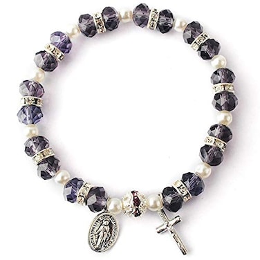 HanlinCC Womens Beaded Stretch Rosary Bracelet with Crucifix and Miraculous Medal Purple