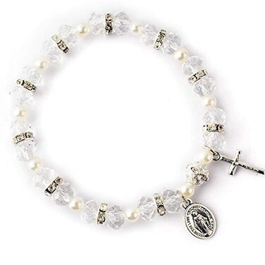 HanlinCC Womens Beaded Stretch Rosary Bracelet with Crucifix and Miraculous Medal White
