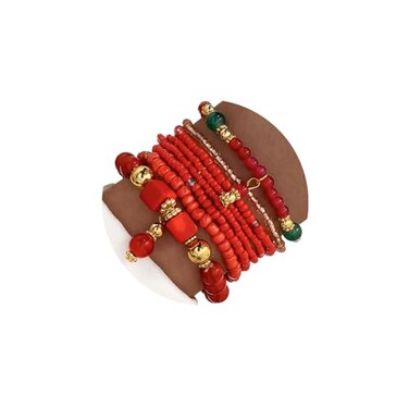 IFKM 8PCS Beaded Bracelets for Women Multilayered Stackable Strand Stretch Bead Bracelet Pack Handmade Trendy Bohemian Charm Jewelry Red