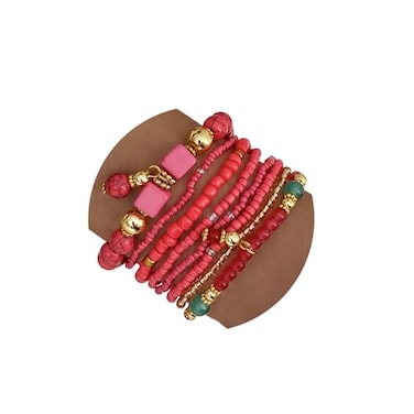 IFKM 8PCS Beaded Bracelets for Women Multilayered Stackable Strand Stretch Bead Bracelet Pack Handmade Trendy Bohemian Charm Jewelry Rose Red