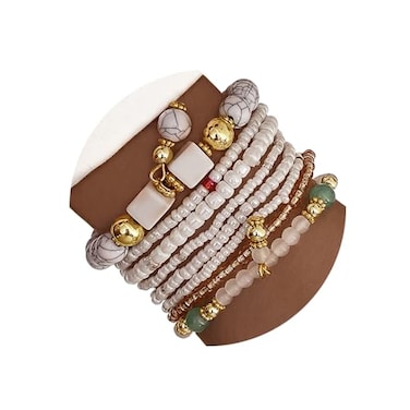 IFKM 8PCS Beaded Bracelets for Women Multilayered Stackable Strand Stretch Bead Bracelet Pack Handmade Trendy Bohemian Charm Jewelry White