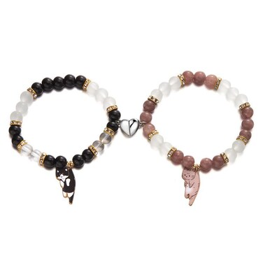 Joiigaem Couples Friendship Beaded Bracelets with Cute Cat Charms Set of 2 BrownBlack