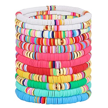 Junkin 12 Pieces Preppy Surfer Heishi Bracelets Stackable Colorful Beaded Stretch Elastic Bohemia Jewelry Summer Beach Gift for Women Classic Style