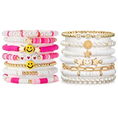 LieToi 14Pcs Preppy Heishi Bracelets Hot Pink and White Gold Smile Heart Star Beaded Surfer Bracelets Polymer Clay Stackable Disc Summer Beach Layering Y2K Stretch