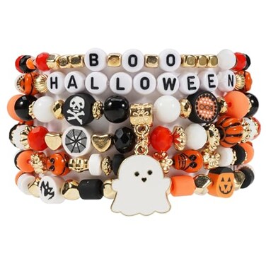 Lonext Halloween Bracelets Set Friendship Clay Preppy Heishi Boo Charm Beads Stackable Bracelet Ghost Pumpkin for Women
