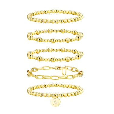 Lydow Beaded Bracelets for Women Initial A Letter Bracelet Stack Bracelet Plated Stretch Bead Ball Paperclip Jewelry Set Valentines Gifts