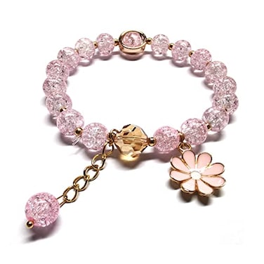 Maripabon Glazed Flowers Crystal Bead Bracelets 8mm Gemstone Beaded Stretch Bracelet with Flower Bracelet for Women Pink