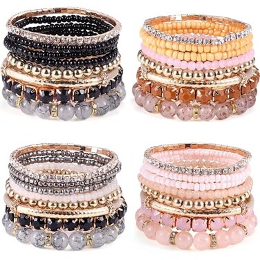 MILACOLATO 4 Sets Boho Bracelets for Women MultiColor Layered Stackable Natural Beaded Bracelets Adjustable Stretch Bohemian Bracelets Pink