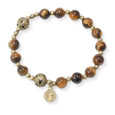 Nazareth Store Tiger Eye Stone Beads Rosary Bracelet with Metal Separators and Catholic St Benedict Medal Durable and Elegant Wrist Jewelry