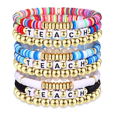 NLCAC 9 Pack Heishi Teacher Bracelets Stackable Rainbow Heishi Teach Beaded Stretchy Bracelet Preppy Jewelry Back to School Teacher Appreciation Gifts Rainbow