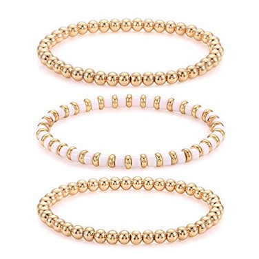 NVENF Gold Bead Bracelets Colorful Tile Bracelet Bangles for Women Stackable Brass Ball Beaded Stretch Bracelets Elasticated White Enamel Bracelets Anniversary Bridal Gift White