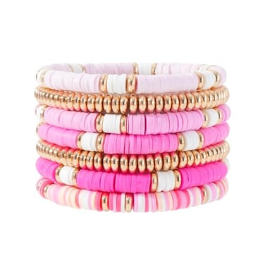 Pychee Summer Surfer Heishi Bracelet Set for Women Stackable Gold Plated Clay Ploymer Bead Stretch Pink Beach Layering Bracelets Jewelry Apinkgold set