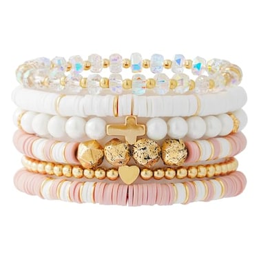 RISHEGAE Easter Bracelet Heishi Beaded Stretch Bracelets for Women Stackable Gold Beads Bracelet Friendship Summer Beach Bracelets Jewelry Set CPink Cross