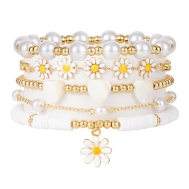 RISHEGAE White Daisy Bracelets for Women Stackable Gold Beads Bracelet Friendship Boho Summer Beach Heart Bracelets Stretch Heishi Beaded Jewelry Set