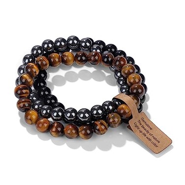 Risyfjew 3 PCS Triple Protection Bracelets 8mm Natural Stone Beaded Stretch Bracelets Tiger Eye Hematite Handmade Jewelry Gifts
