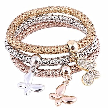 SILANER Crystal Charms Multilayer Bracelets 3PCS GoldSilverRose Gold Corn Chain Bracelet for Women Solid Butterfly Charm Shaped Stretch Bracelet Solid Butterfly Charm Bracelet